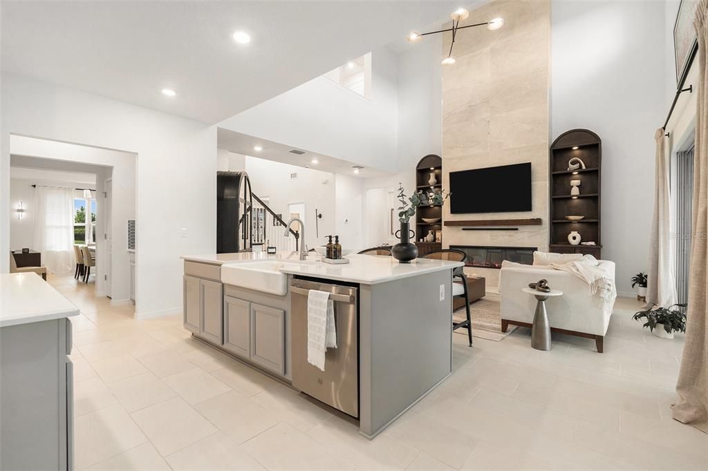 Fireplace, Interior, Living room, Pendant Lights, Recessed Lighting