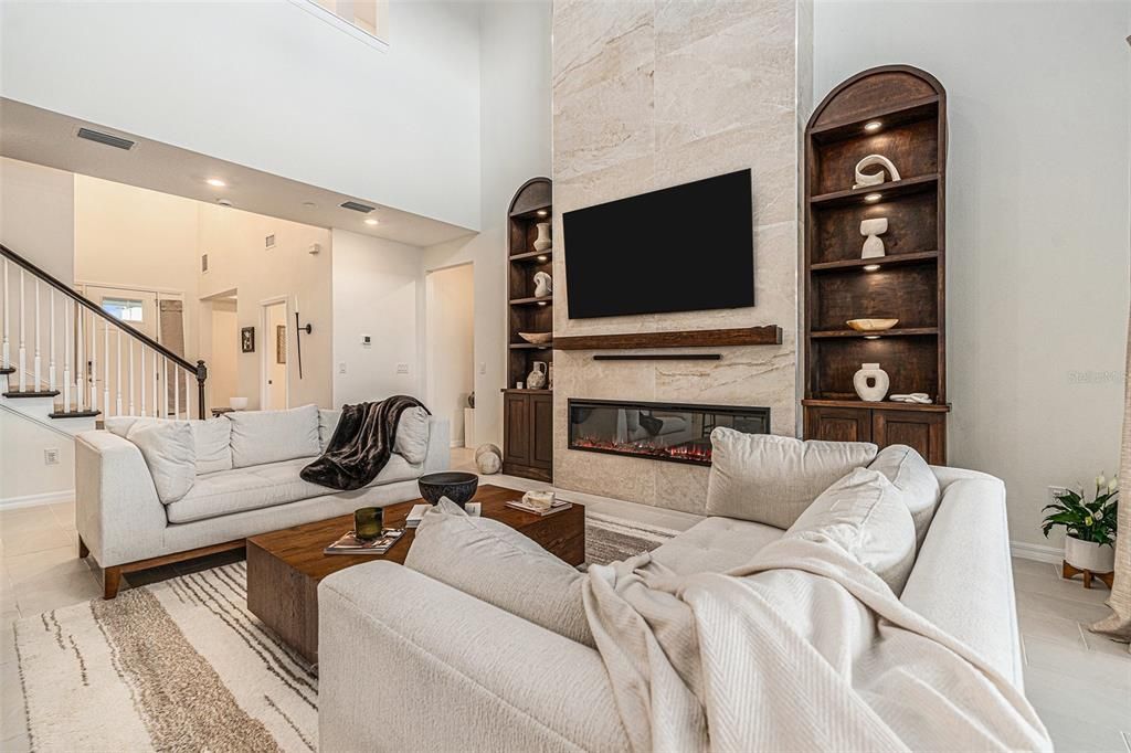 Fireplace, Interior, Living room, Recessed Lighting, Stone Walls