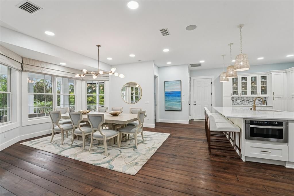 Dining room, Interior, Kitchen, Pendant Lights, Recessed Lighting, Wood Texture Flooring