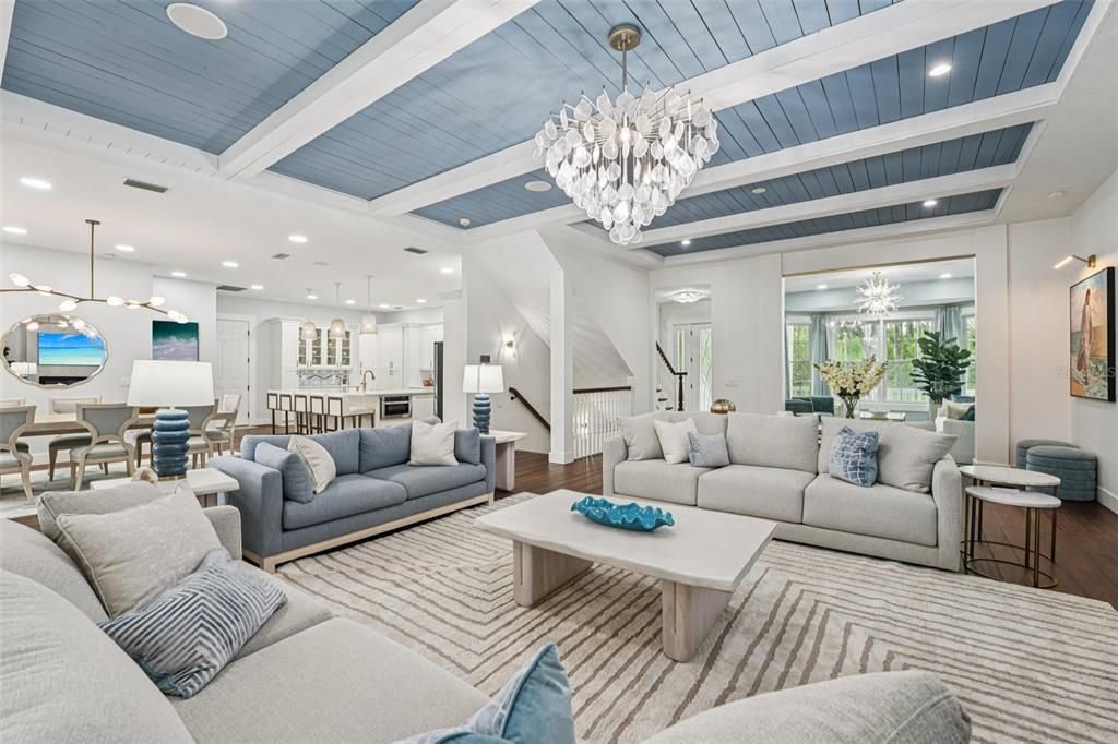 Chandelier, Dining room, Interior, Kitchen, Living room, Pendant Lights, Recessed Lighting, Wood Texture Flooring