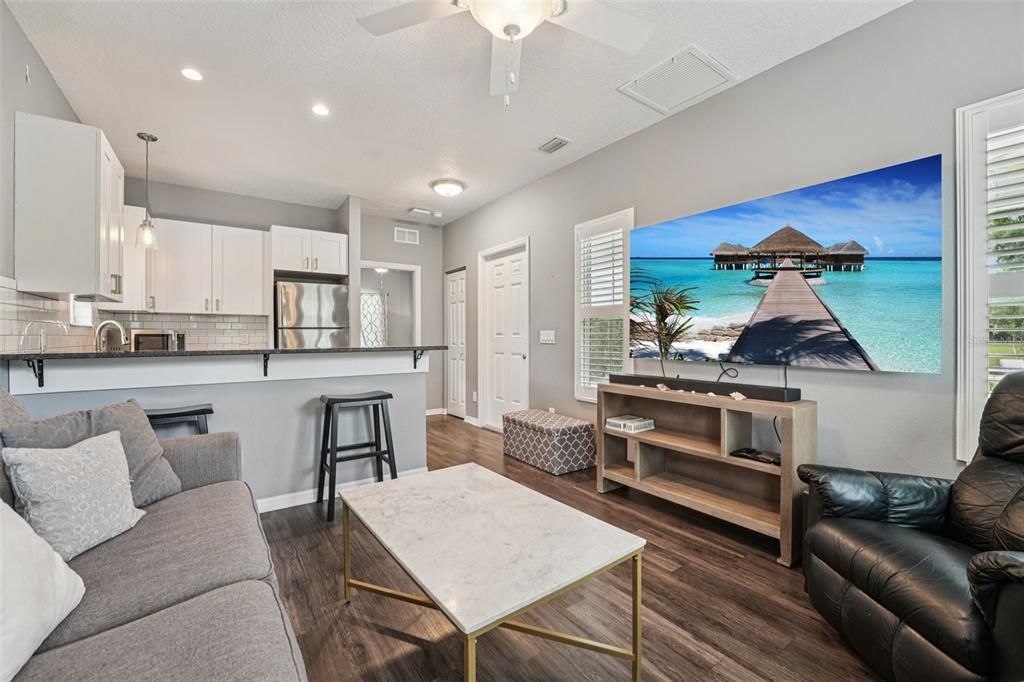 Interior, Kitchen, Living room, Pendant Lights, Recessed Lighting, Water, Wood Texture Flooring