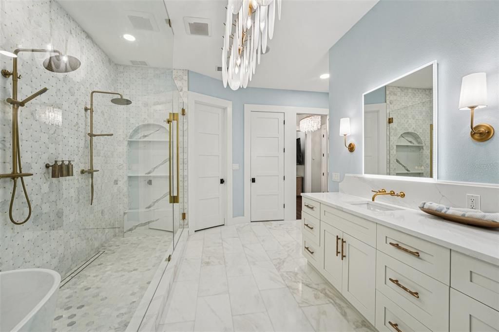 Bathroom, Dual Sink Vanities, Glass Shower, Interior, Marble, Recessed Lighting