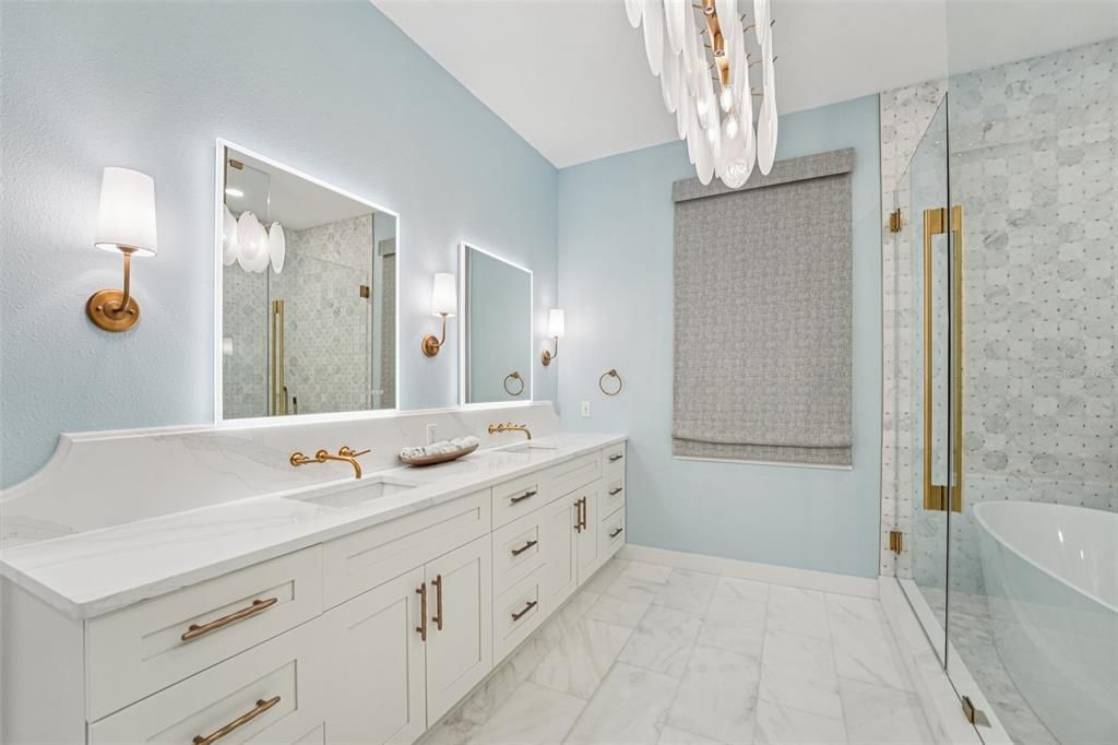 Bathroom, Dual Sink Vanities, Glass Shower, Interior, Marble