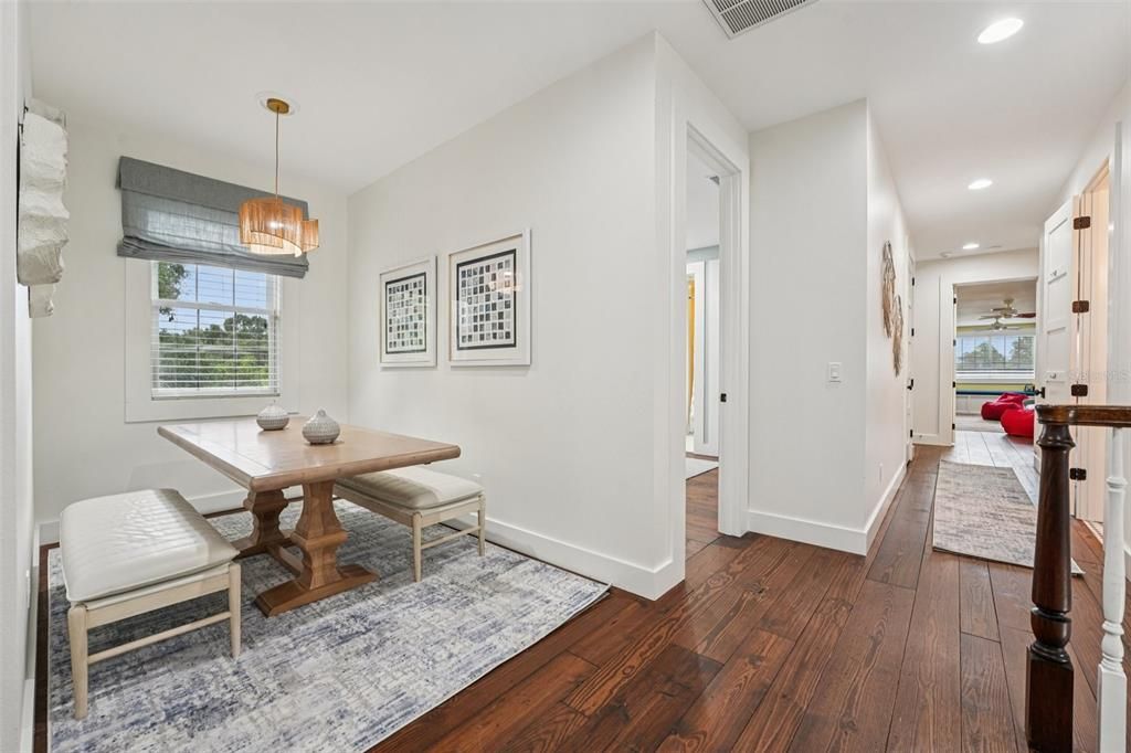 Dining room, Interior, Pendant Lights, Recessed Lighting, Wood Texture Flooring