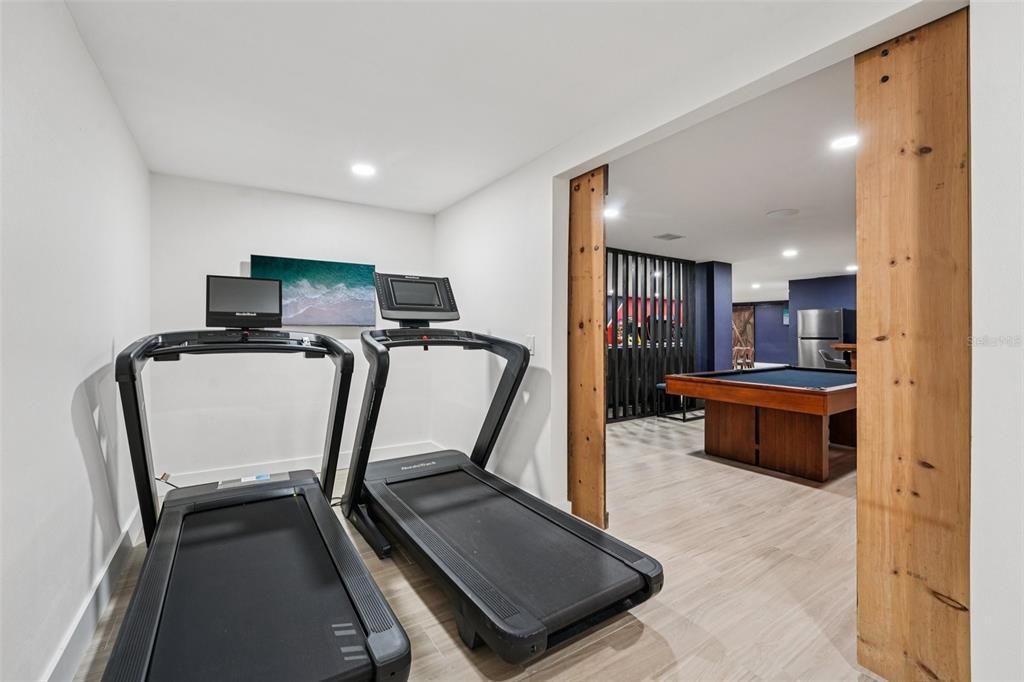 Billiard Table, Fitness Equipment, Game Room, Interior, Recessed Lighting, Wood Texture Flooring
