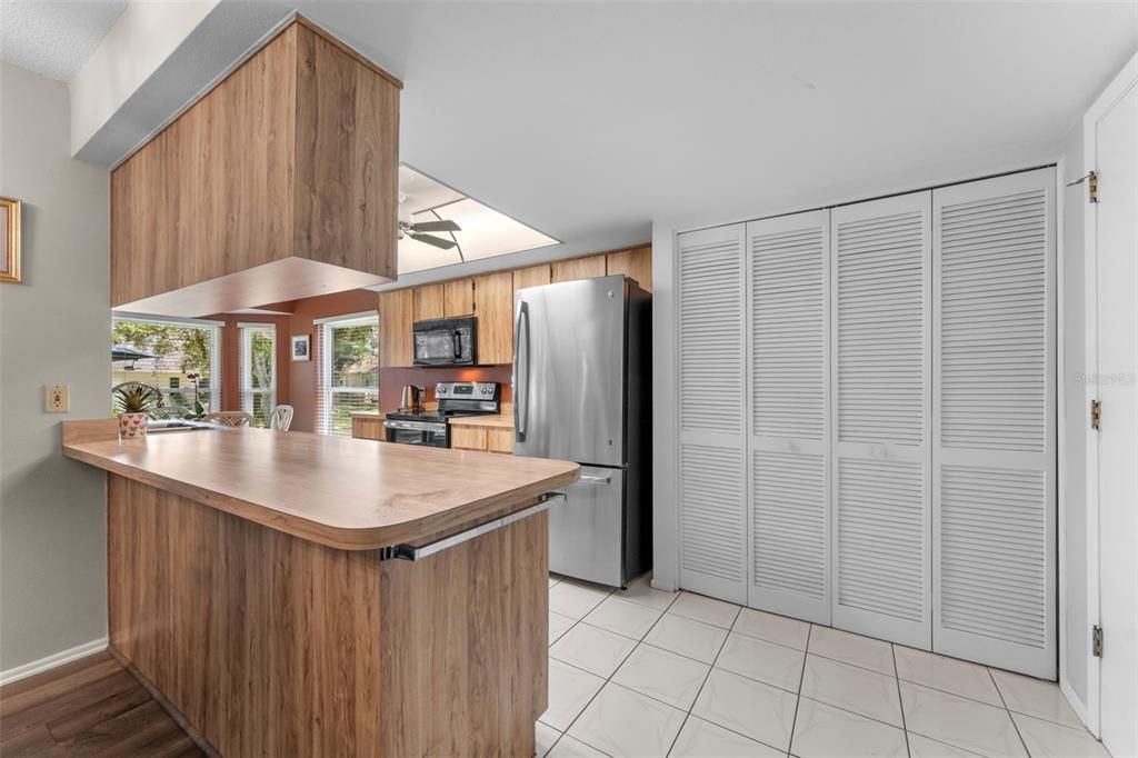 Interior, Kitchen, Stainless Steel Appliances, Wood Texture Flooring, Wooden Walls