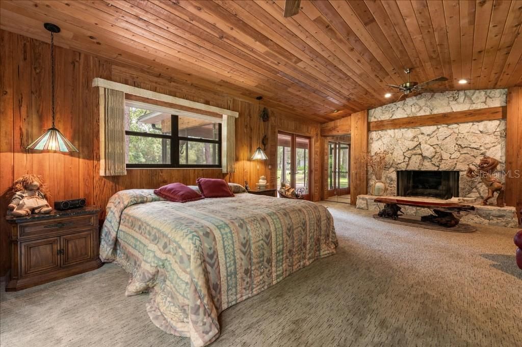 Bedroom, Fireplace, Interior, Pendant Lights, Recessed Lighting, Stone Walls, Wooden Ceilings, Wooden Walls