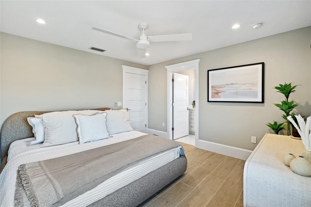 Bedroom, Interior, Recessed Lighting, Wood Texture Flooring