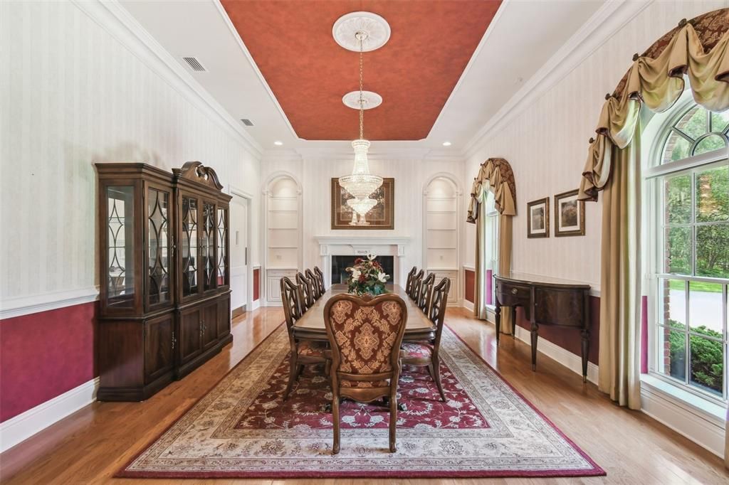 Chandelier, Dining room, Fireplace, Interior, Pendant Lights, Recessed Lighting, Wood Texture Flooring