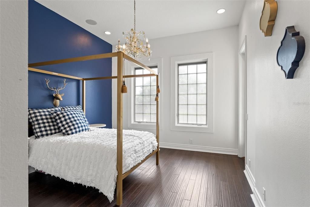 Bedroom, Chandelier, Interior, Recessed Lighting, Wood Texture Flooring