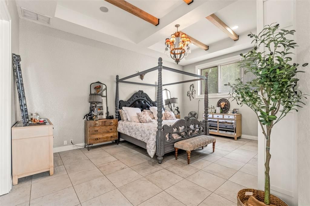 Bedroom, Chandelier, Interior, Recessed Lighting, Wooden Beams