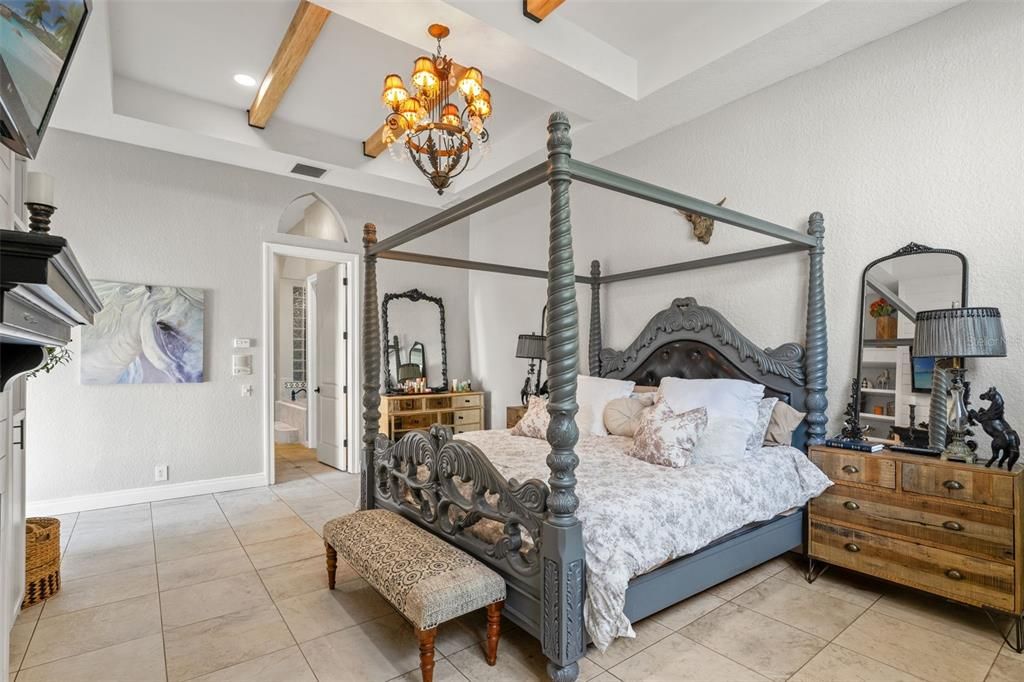 Bedroom, Chandelier, Interior, Recessed Lighting, Wooden Beams