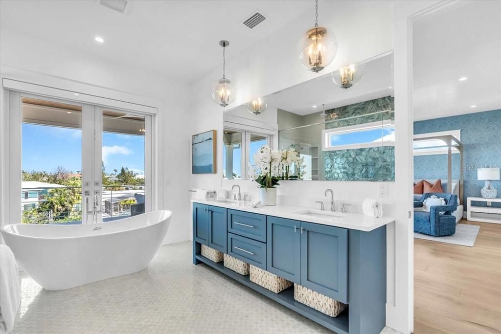Bathroom, Bedroom, Dual Sink Vanities, Free Standing Baths, Interior, Pendant Lights, Recessed Lighting, Water, Wood Texture Flooring