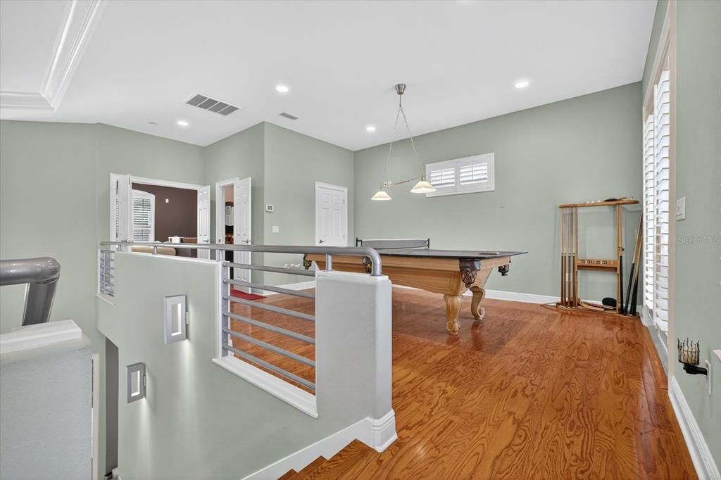 Billiard Table, Game Room, Interior, Pendant Lights, Recessed Lighting, Wood Texture Flooring