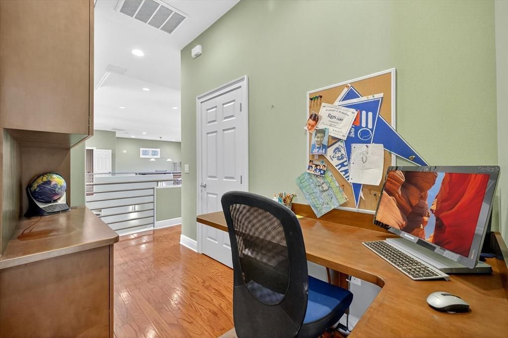 Fireplace, Home Office, Interior, Recessed Lighting, Wood Texture Flooring