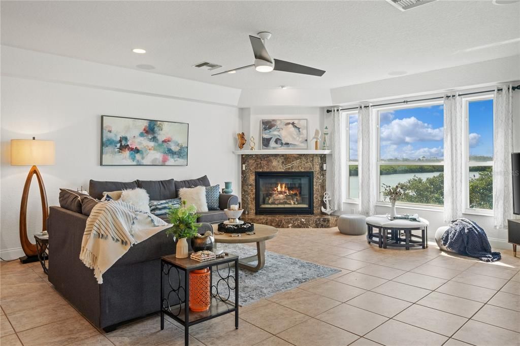 Fireplace, Interior, Living room, Recessed Lighting, Water