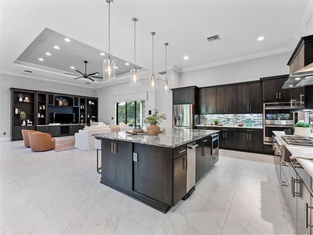 Interior, Kitchen, Living room, Marble, Pendant Lights, Recessed Lighting, Stainless Steel Appliances