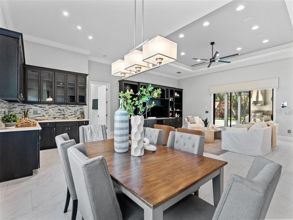 Dining room, Interior, Kitchen, Living room, Marble, Pendant Lights, Recessed Lighting