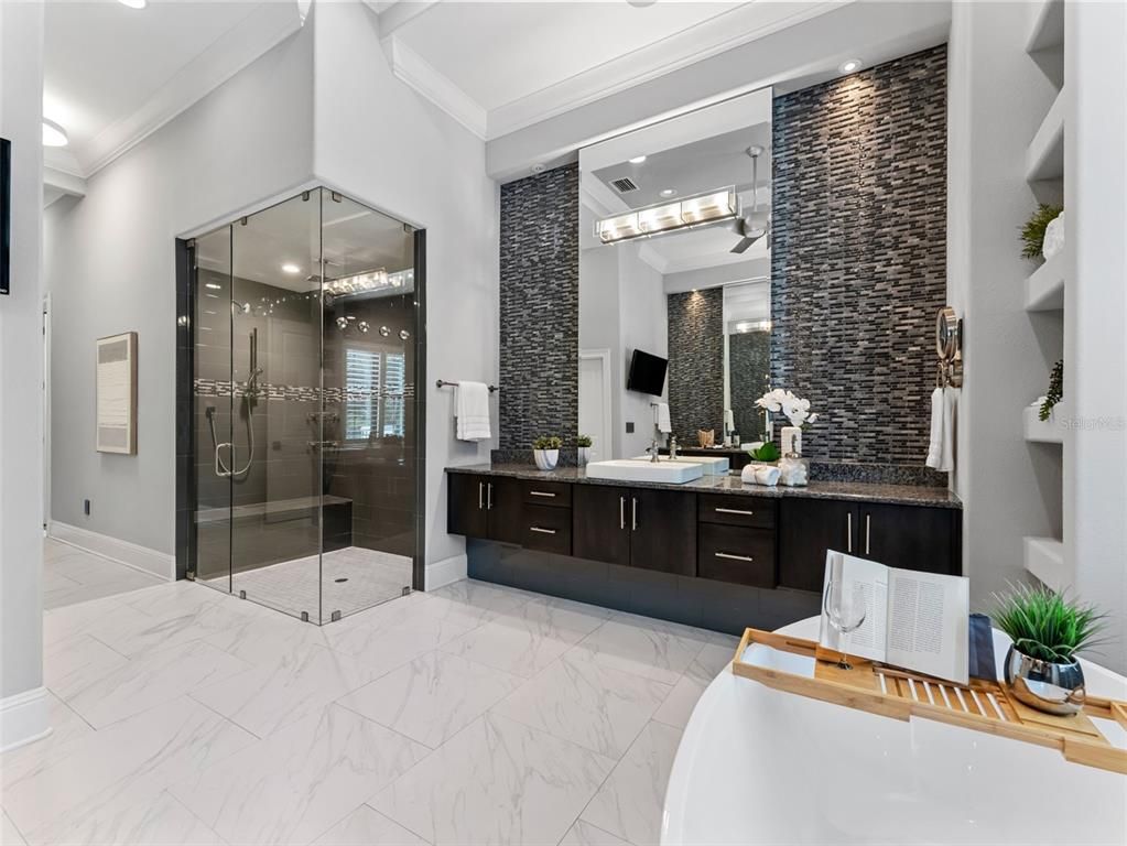Bathroom, Dual Sink Vanities, Glass Shower, Interior, Marble, Recessed Lighting