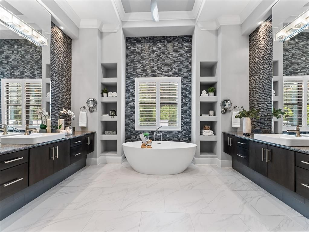 Bathroom, Dual Sink Vanities, Free Standing Baths, Interior, Marble, Recessed Lighting