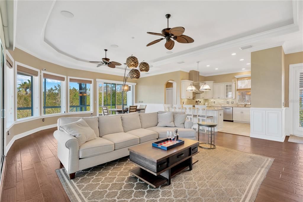 Dining room, Interior, Kitchen, Living room, Pendant Lights, Recessed Lighting, Wood Texture Flooring