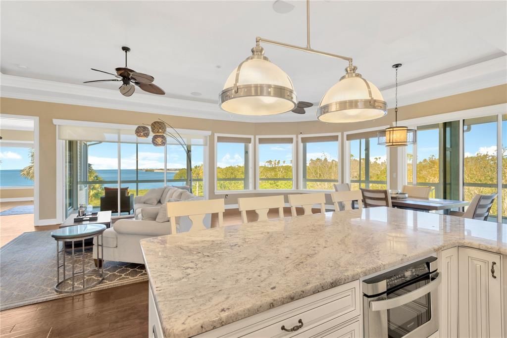 Dining room, Interior, Living room, Pendant Lights, Water, Wood Texture Flooring