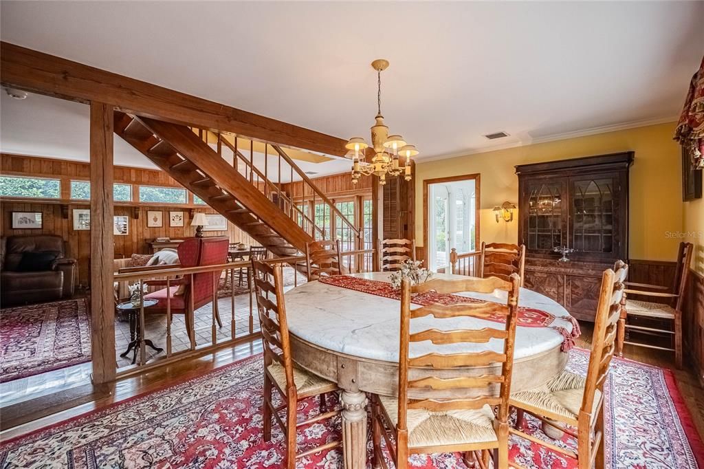 Chandelier, Dining room, Interior, Wooden Beams, Wood Texture Flooring, Wooden Walls