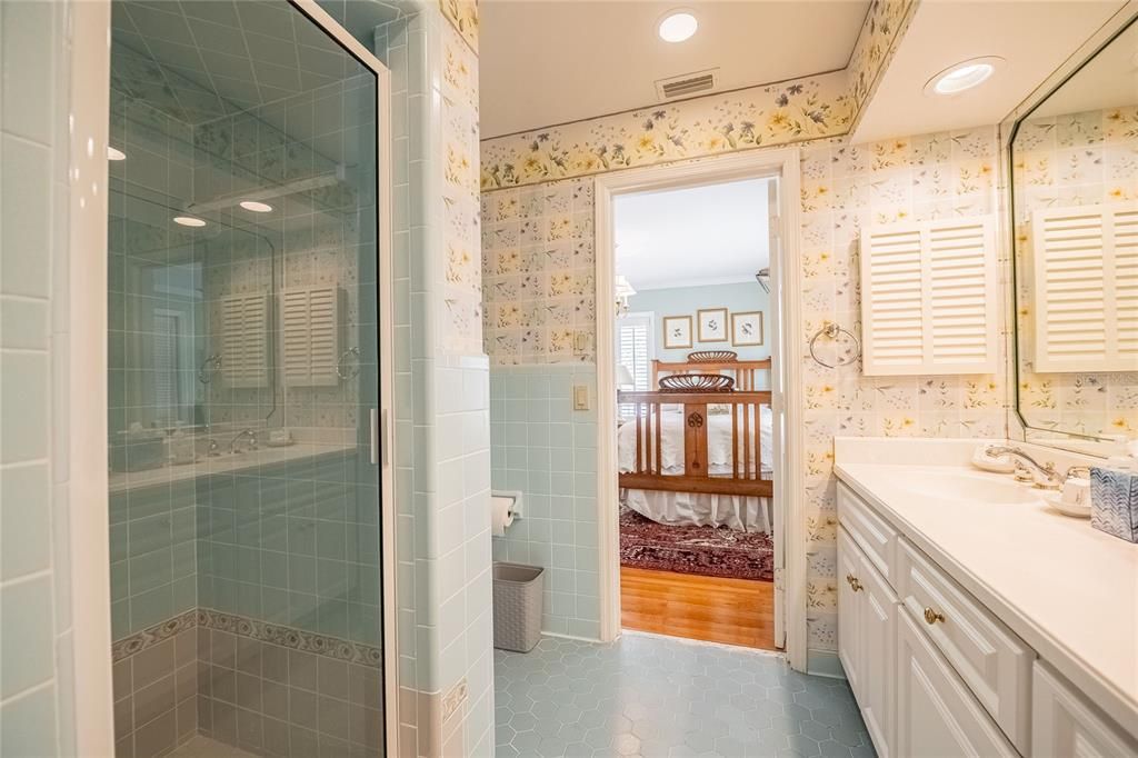 Bathroom, Glass Shower, Interior, Recessed Lighting, Wood Texture Flooring