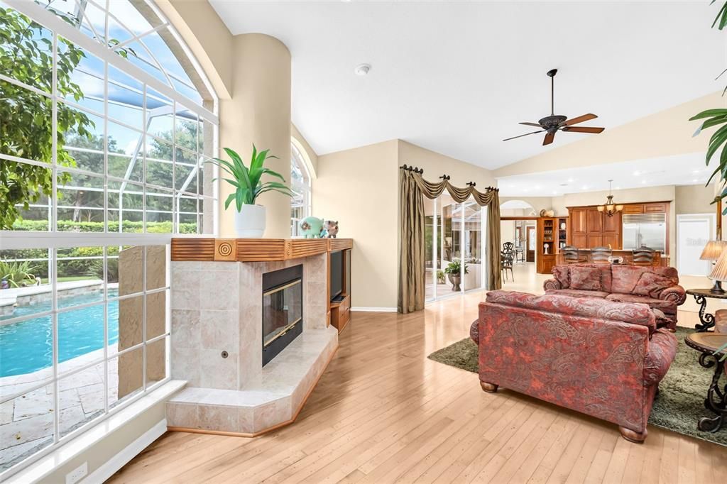 Fireplace, Interior, Kitchen, Living room, Pendant Lights, Recessed Lighting, Wood Texture Flooring