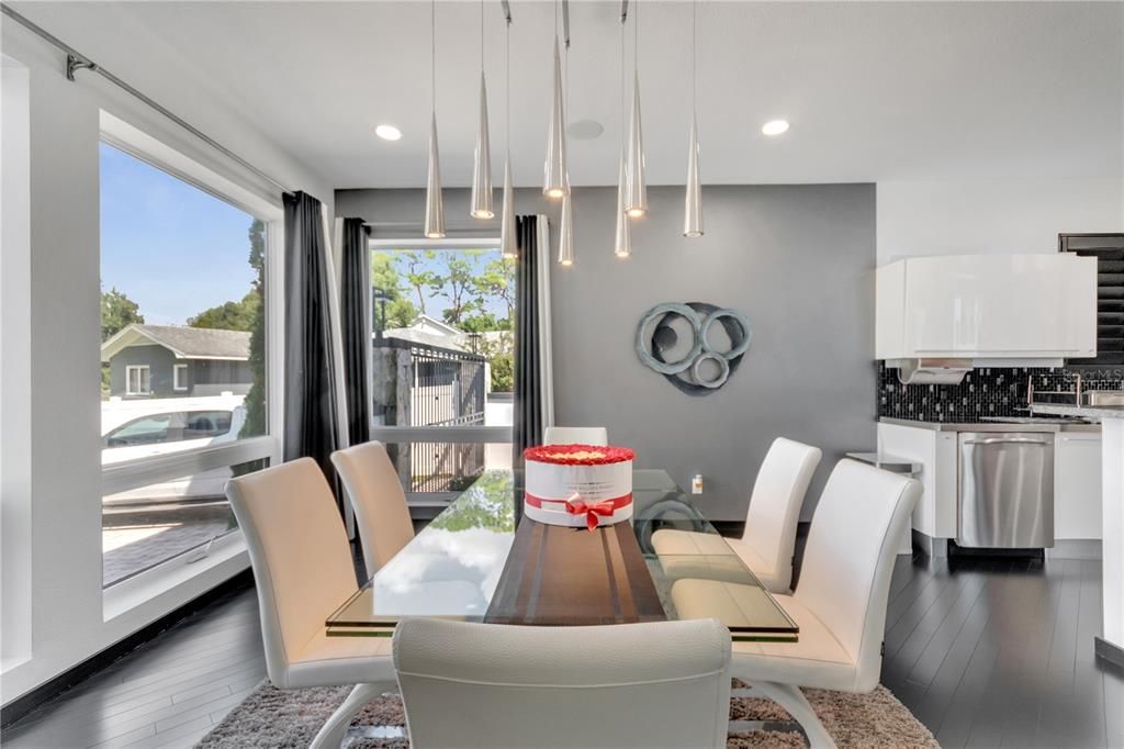 Dining room, Interior, Pendant Lights, Recessed Lighting, Wood Texture Flooring