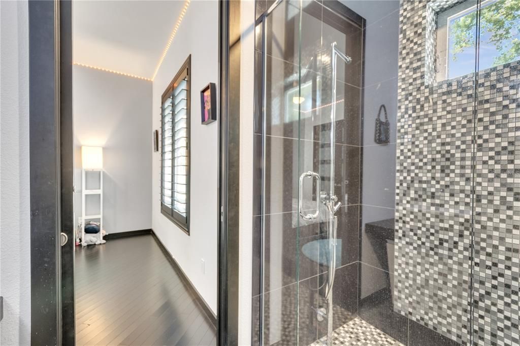 Bathroom, Glass Shower, Interior, Wood Texture Flooring