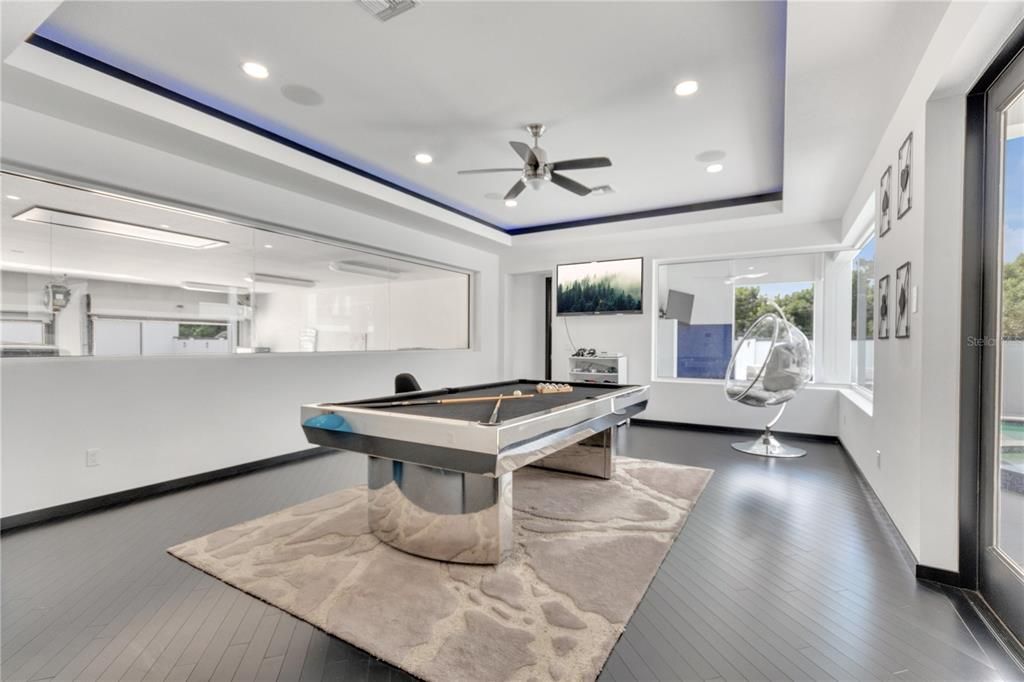 Billiard Table, Game Room, Interior, Recessed Lighting, Wood Texture Flooring