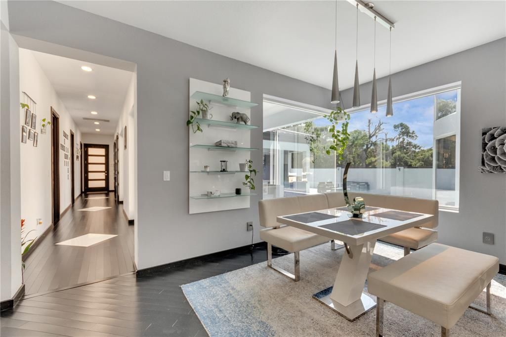 Dining room, Interior, Pendant Lights, Recessed Lighting, Wood Texture Flooring