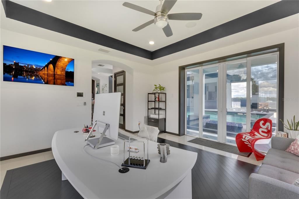 Home Office, Interior, Recessed Lighting, Water, Wood Texture Flooring