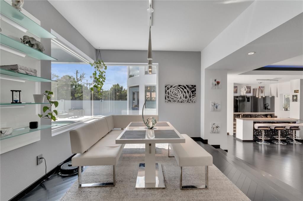 Dining room, Interior, Pendant Lights, Recessed Lighting, Wood Texture Flooring