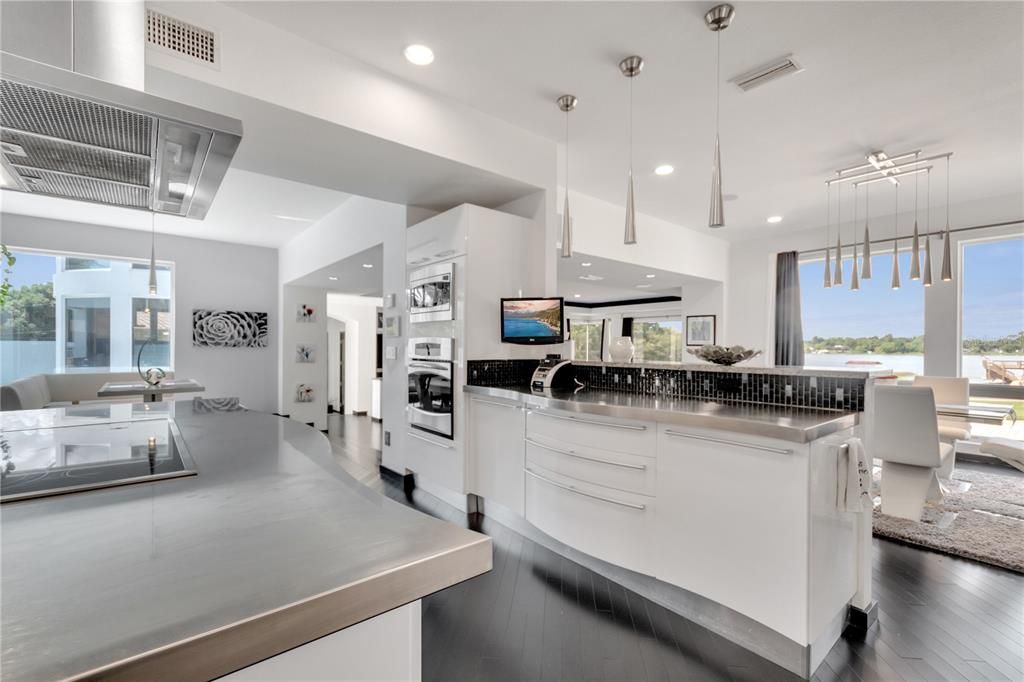 Interior, Kitchen, Pendant Lights, Recessed Lighting, Stainless Steel Appliances, Water, Wood Texture Flooring