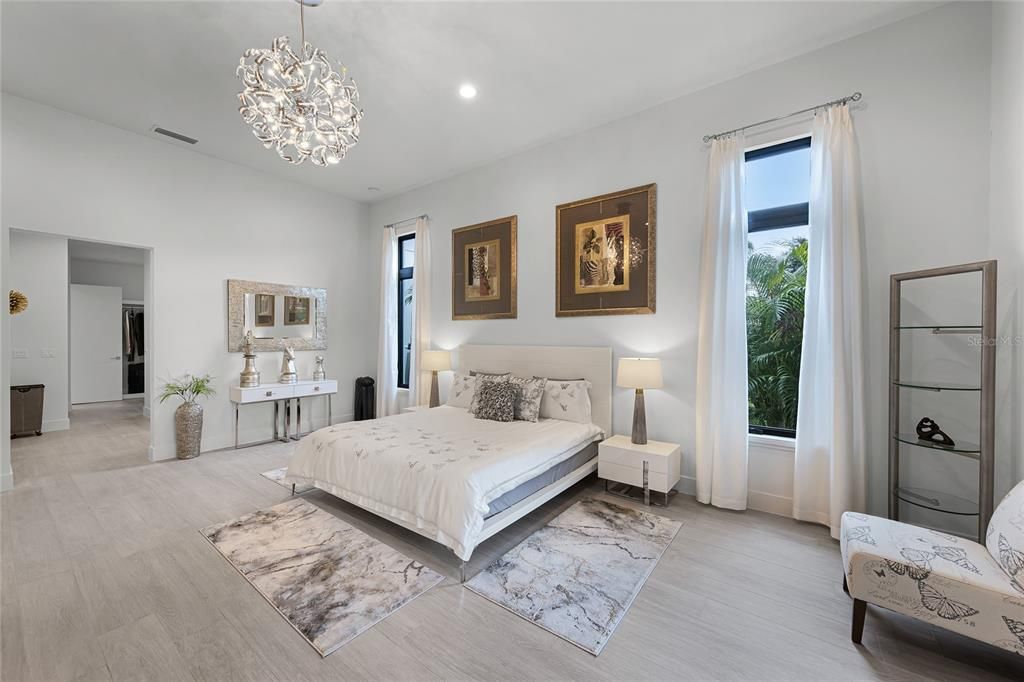 Bedroom, Chandelier, Interior, Recessed Lighting, Wood Texture Flooring