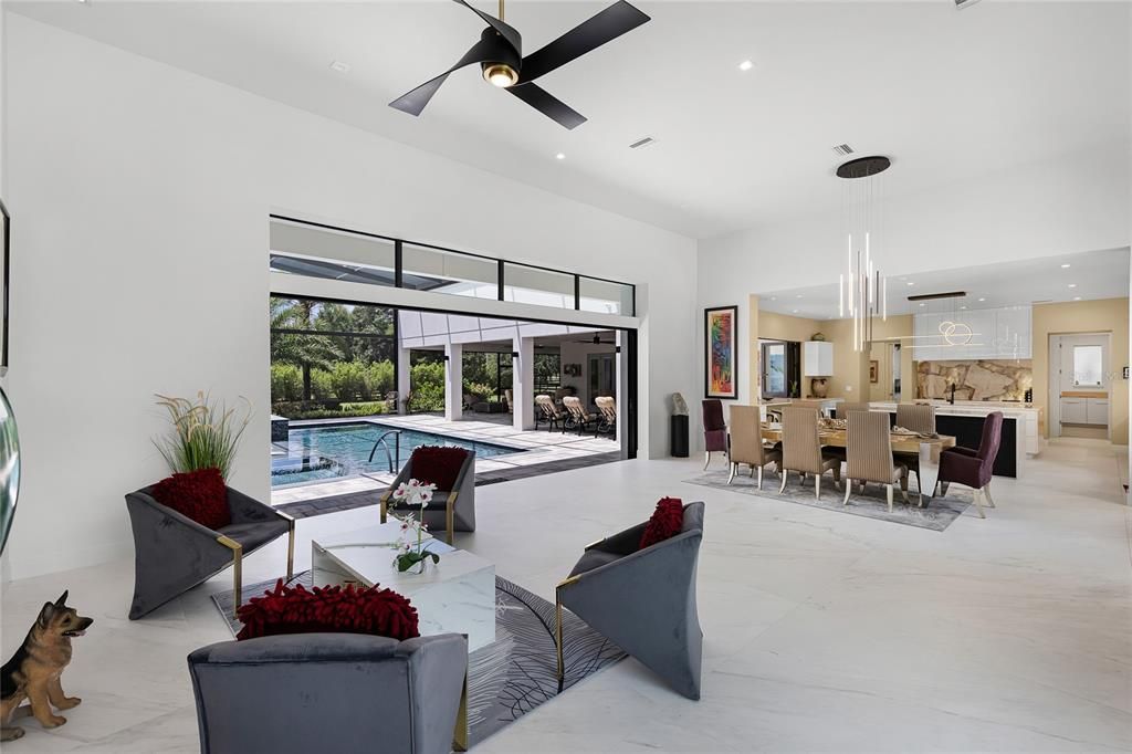 Dining room, Interior, Kitchen, Living room, Marble, Pendant Lights, Pool, Recessed Lighting