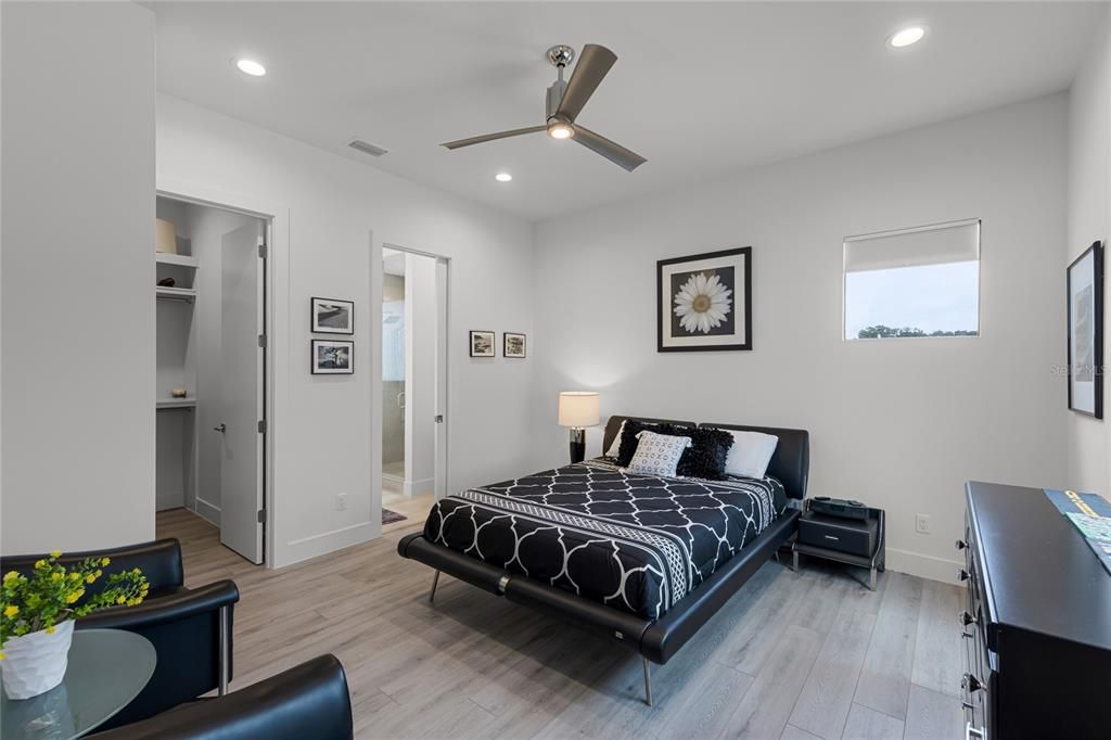 Bedroom, Interior, Recessed Lighting, Wood Texture Flooring