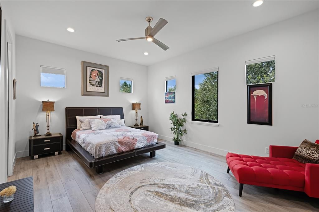 Bedroom, Interior, Recessed Lighting, Wood Texture Flooring