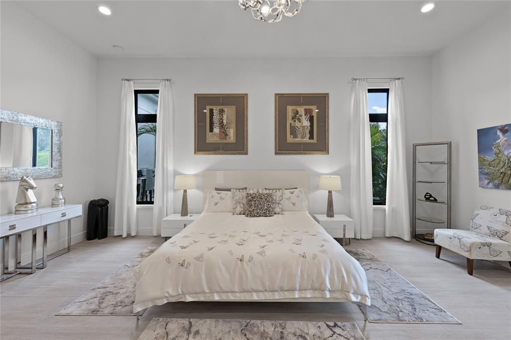 Bedroom, Interior, Recessed Lighting, Wood Texture Flooring