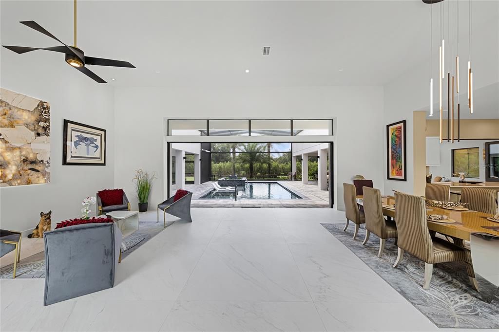 Dining room, Interior, Living room, Marble, Pendant Lights, Pool, Recessed Lighting