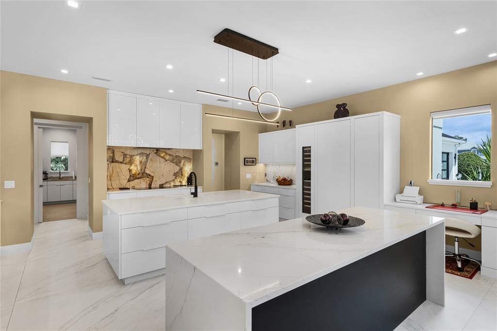Interior, Kitchen, Marble, Pendant Lights, Recessed Lighting