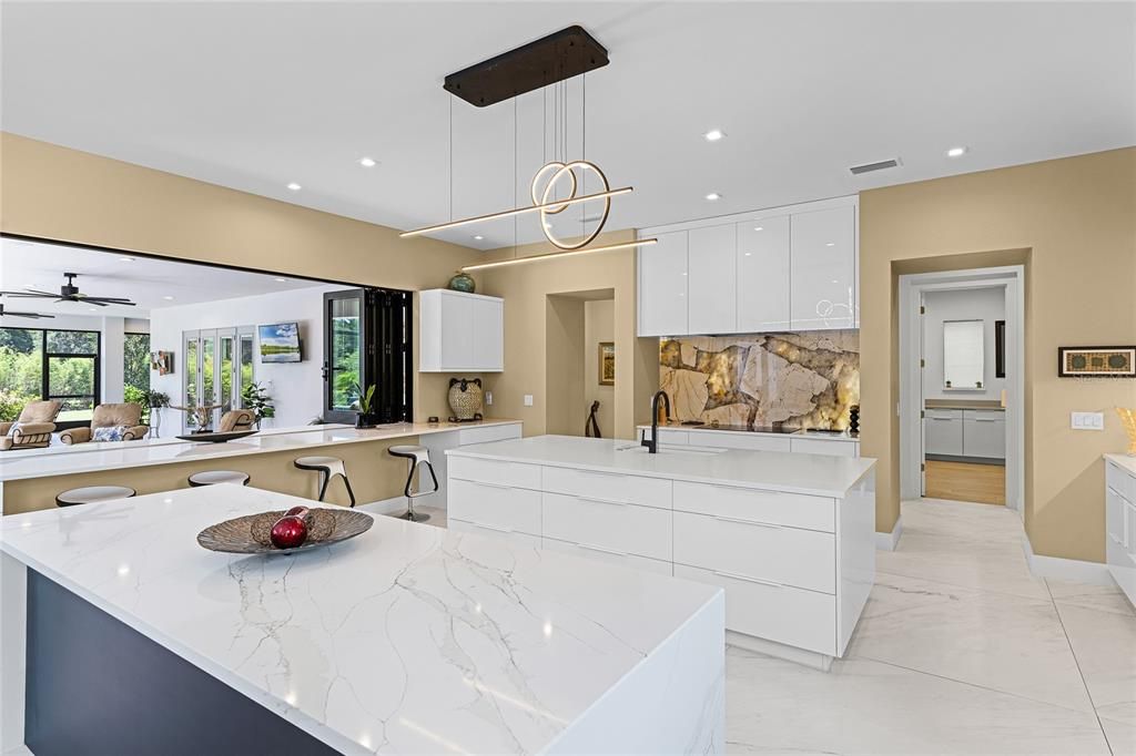 Interior, Kitchen, Marble, Pendant Lights, Recessed Lighting