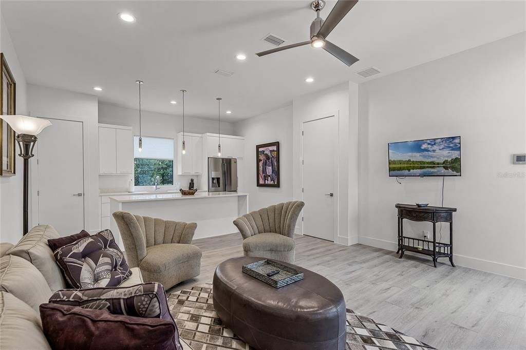 Interior, Kitchen, Living room, Pendant Lights, Recessed Lighting, Stainless Steel Appliances, Wood Texture Flooring