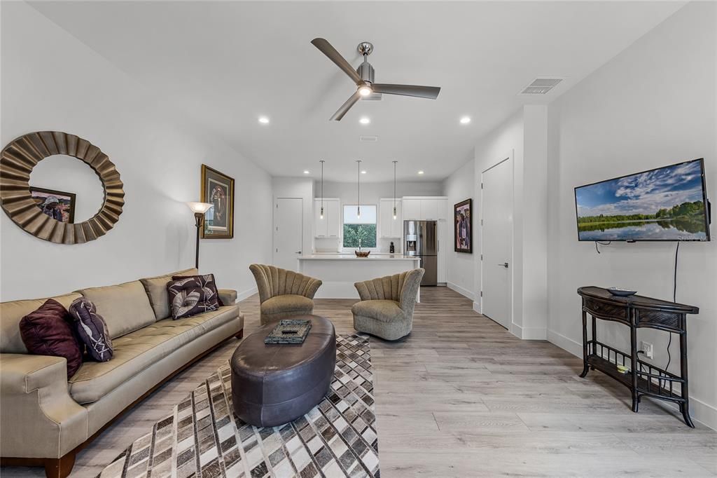 Interior, Kitchen, Living room, Pendant Lights, Recessed Lighting, Stainless Steel Appliances, Wood Texture Flooring