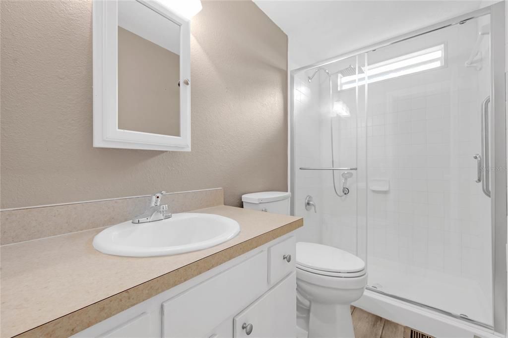 Bathroom, Glass Shower, Interior, Wood Texture Flooring