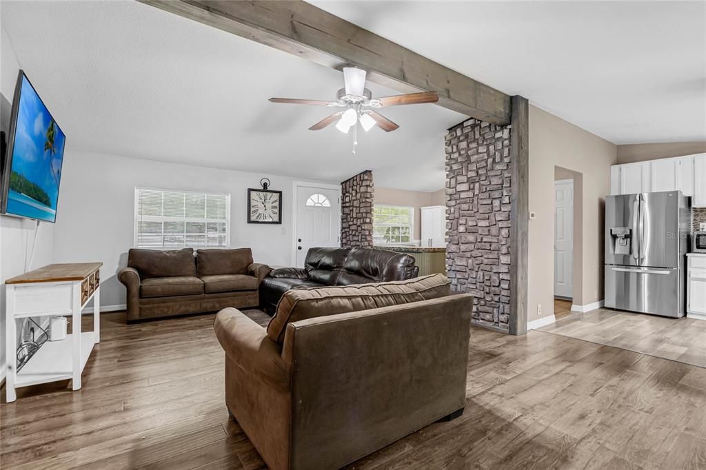 Interior, Kitchen, Living room, Stainless Steel Appliances, Stone Walls, Wooden Beams, Wood Texture Flooring
