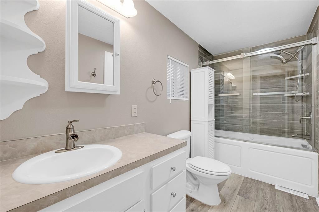 Bathroom, Glass Shower, Interior, Wood Texture Flooring