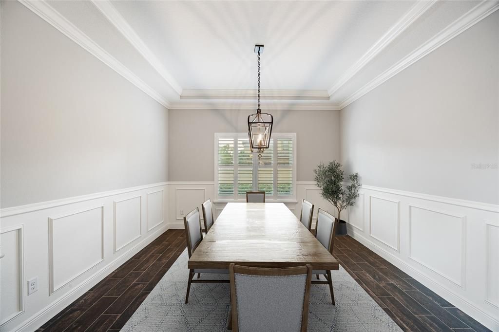 Dining room, Interior, Pendant Lights, Wood Texture Flooring